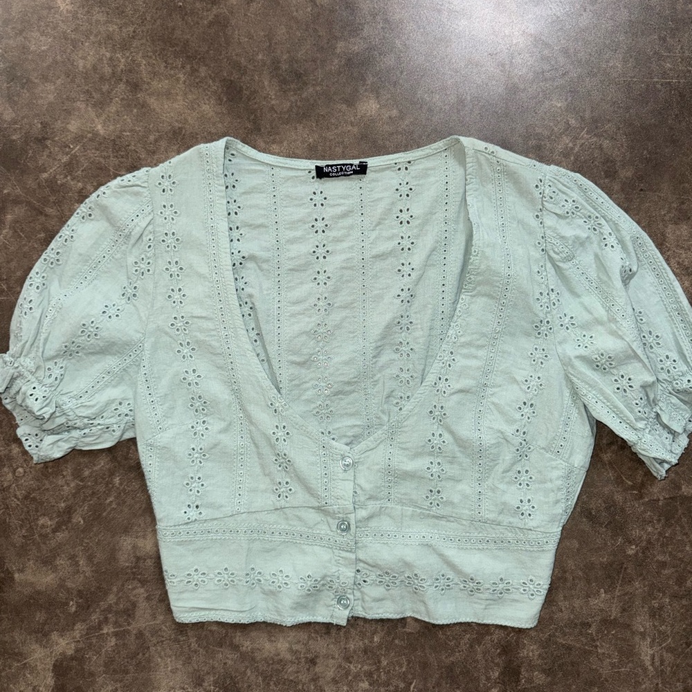 Nasty Gal Mint Green Eyelet Cropped Button-Up Top